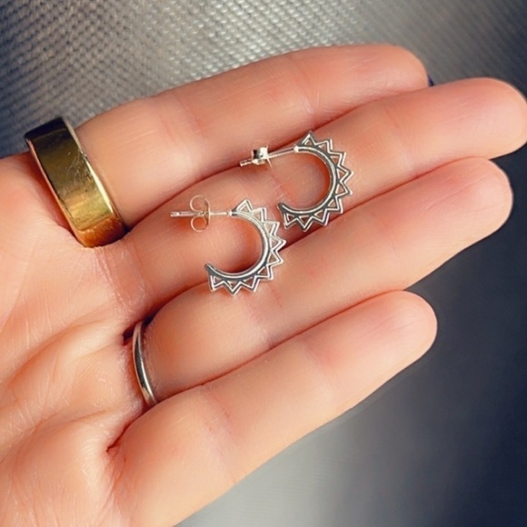 Sterling Silver Open Hoop Spike Earrings - Picture 8 of 9